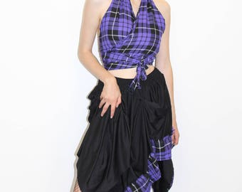 Pretty Disturbia Tartan Purple Two Piece Co-ords Wrap Top & Gathered Skirt Goth Punk Grunge Hanmade Alternative Unique