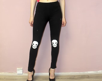 Alternate Grunge Black Legging's With Skull Detail On The Knees Halloween