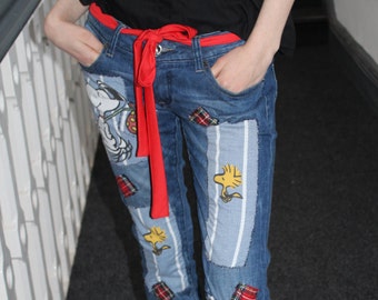 Pretty Disturbia 'Snoopy' Red Tartan Patch Jeans w/ Belt Cute Kitsch Cartoon Denim Retro Harajuku
