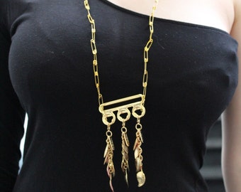 Handmade Grunge Gold Feather boho Safety Pin Chain Necklace