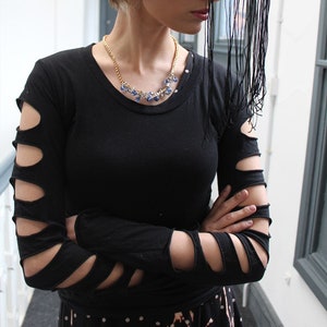 Grunge Cut-out Black Top, long sleeve gothic slash, alternative t-shirt image 1