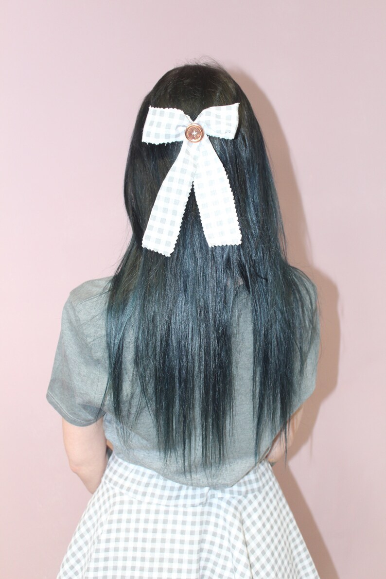 Handmade Hair Bow, gorgeous, alternative, punk, grunge, buttoned, grey, white, accessory, patched hair clip image 1