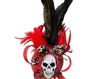 Handmade Punk Red Feather & Skull Fascinator Hair Clip