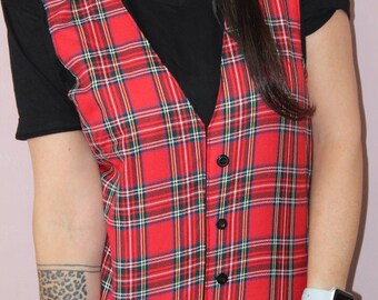 Handmade Illusion Waistcoat T-Shirt Red Tartan