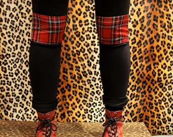 Christmas Tartan Panel Leggings, plaid black red punk, grunge stretch alternative