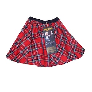 May include: Red and black plaid skirt with a black waistband. The skirt has a pleated design and is made of a soft, comfortable fabric.