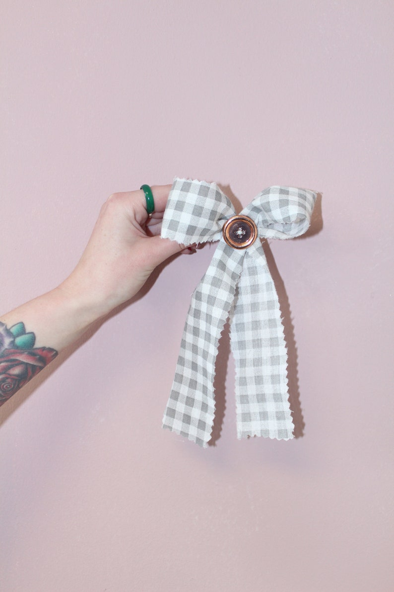 Handmade Hair Bow, gorgeous, alternative, punk, grunge, buttoned, grey, white, accessory, patched hair clip image 3