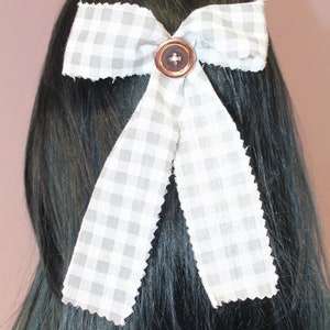 Handmade Hair Bow, gorgeous, alternative, punk, grunge, buttoned, grey, white, accessory, patched hair clip image 2