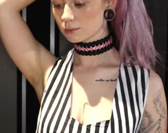 Handmade pink lace up punk grunge choker stretch sexy burlesque