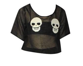 Women's Black Mesh Skull Punk Crop Top