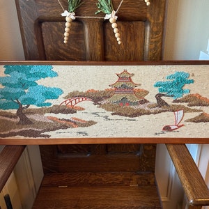 Mid Century Pebble Gravel Art Asian Landscape on Burlap Bridge Trees Pagoda