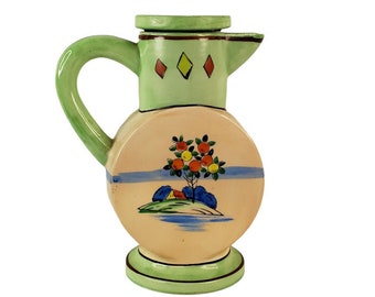 Vintage Art Pottery Pitcher Ewer with Cup Made in Japan Colorful Art Deco Design c1920s