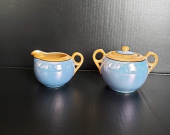 Peach Blue Lusterware Porcelain Sugar Bowl With Lid and Creamer