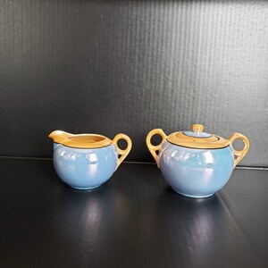 Peach Blue Lusterware Porcelain Sugar Bowl with Lid and Creamer Made in Japan Art Deco