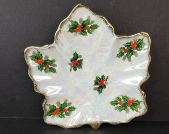 Vintage Lusterware Christmas Candy Dish Holly and Berry Transferware Design Highly Iridescent Made in Japan Mid Century Modern