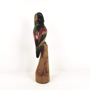 Vintage Balsa Wood Parrot on a Tree Stump Figurine Hand Painted Hand Carved 11 1/2&quot;