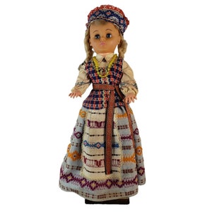 Vintage 23&quot; Doll in Traditional Russian Folk Dress Eastern European Clothing Handmade Wood Base