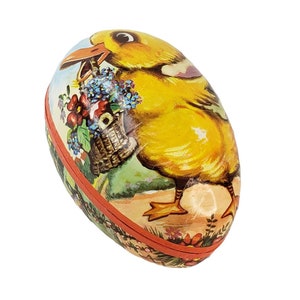 Caja de caramelos con forma de huevo de Pascua vintage con diseño de pato y ribete de encaje de cartón y papel, fabricada en Alemania Occidental