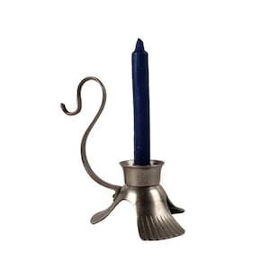 Vintage Pewter Candlestick Holder with Candle Three Feet Thumb Handle 8&quot; Tall