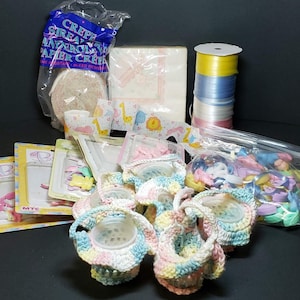 Vintage Baby Shower Reveal Party Decorations Guest Favors Pink Blue Yellow Ribbon Crepe Paper Picks Crochet Nut Cup Covers