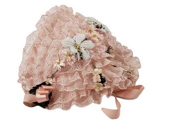 Vintage Girls Easter Hat Bonnet Juliet Cap Pink Eyelet Lace Silk and Velvet Flowers Ribbon Ties c1950s