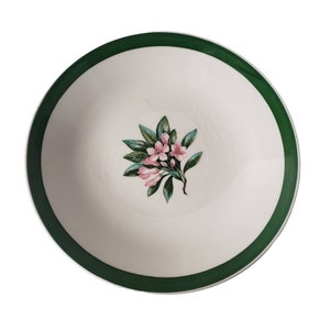 May include: A white ceramic bowl with a green rim and a floral design featuring pink flowers and green leaves.