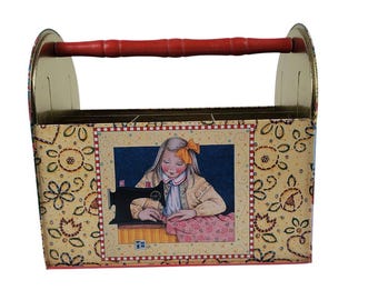 Mary Englebreight Metal Sewing Craft Caddy Tin with Wood Handle 8.5" X 7.5" Vintage