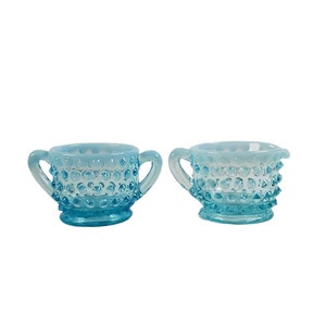 Fenton Sugar Bowl and Creamer Blue Opalescent Hobnail c1930s - 1950s Never Used