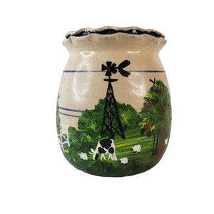 Vintage Marshall Art Pottery Crock Handkastad Ladrence Houston Handmålad