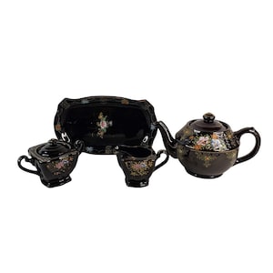 Vintage Tashiro Shoten Schwarz Lusterware Tee Set Teekanne Zuckerdose Milchkännchen Tablett Made in Japan