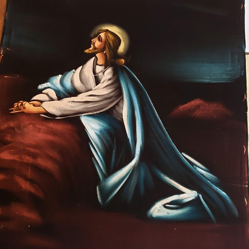 Jesus Velvet Oil Painting Praying at Garden of Gethsemane Etsy