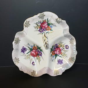 Vintage Lusterware Handled Candy Dish Lavender Rim Floral Pattern with Moriage Accents