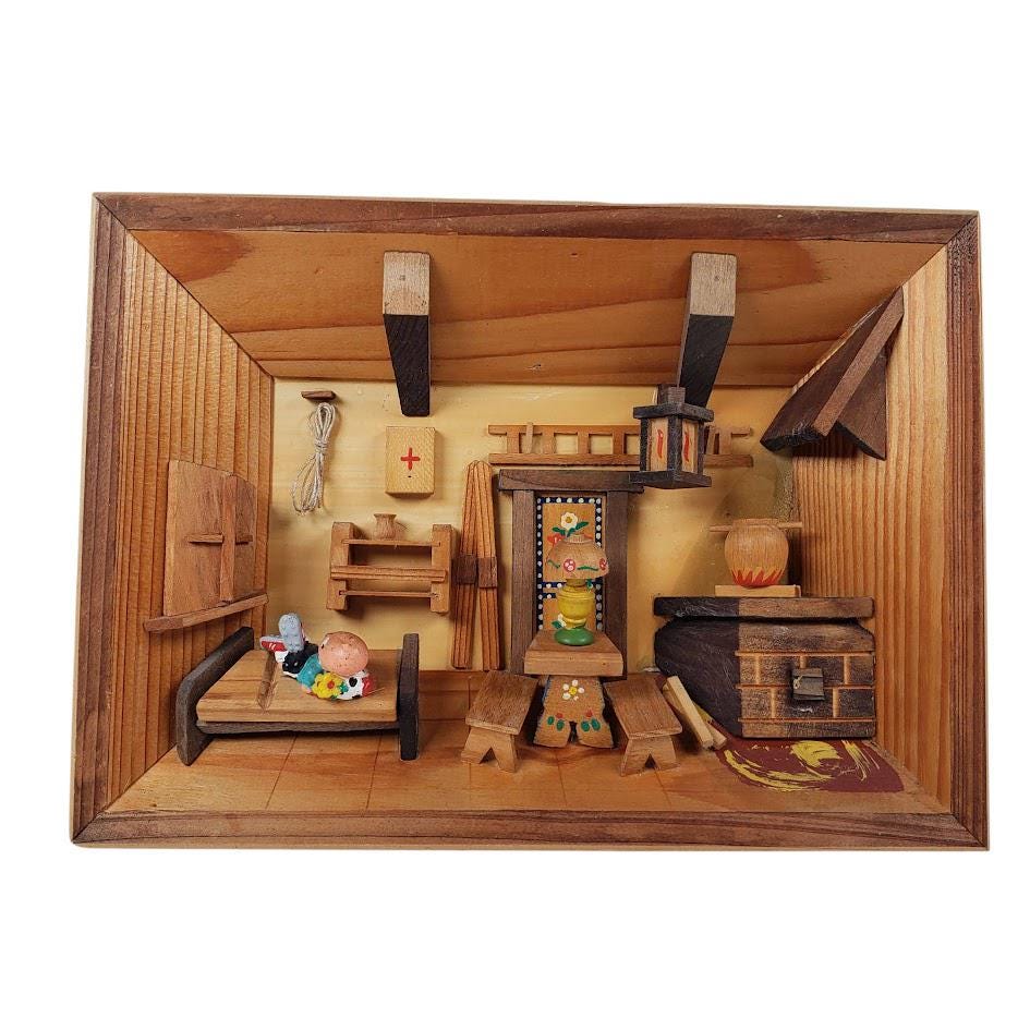 Vintage Wood Diorama of Alpine German Hut Chalet Room Handmade 3D