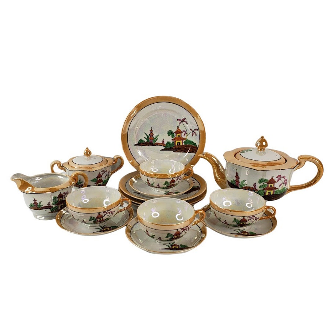 Luster Tea Set Vintage Peach Lusterware Tea Set Pagoda Design Bone China Made in Japan ...