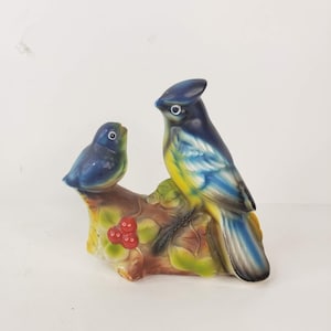 Vintage Blue Jay Figurine Mother and Baby Bird Sit on Log Hand Painted Bisque Porcelain Unmarked