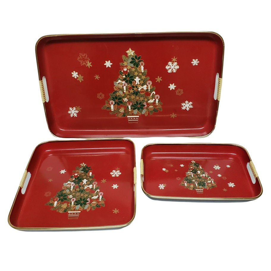 Vintage Asahi Trading Co 3 Piece Lacquerware Tray Set Merry