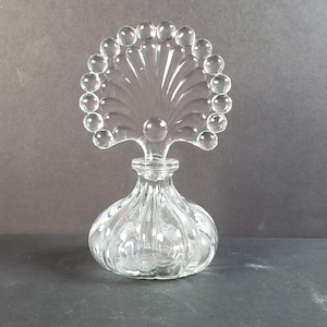 Vintage Perfume Bottle with Fan Shape Stopper Clear Pressed Glass Art Deco 1930s