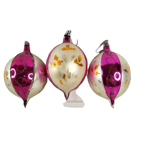 3 Large Vintage Mercury Glass Christmas Ornaments Teardrop Raspberry and White Gold Leaf Pattern Mica Made in Poland