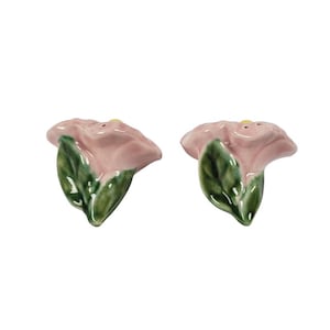 May include: A set of two pink and green ceramic salt and pepper shakers shaped like flowers.
