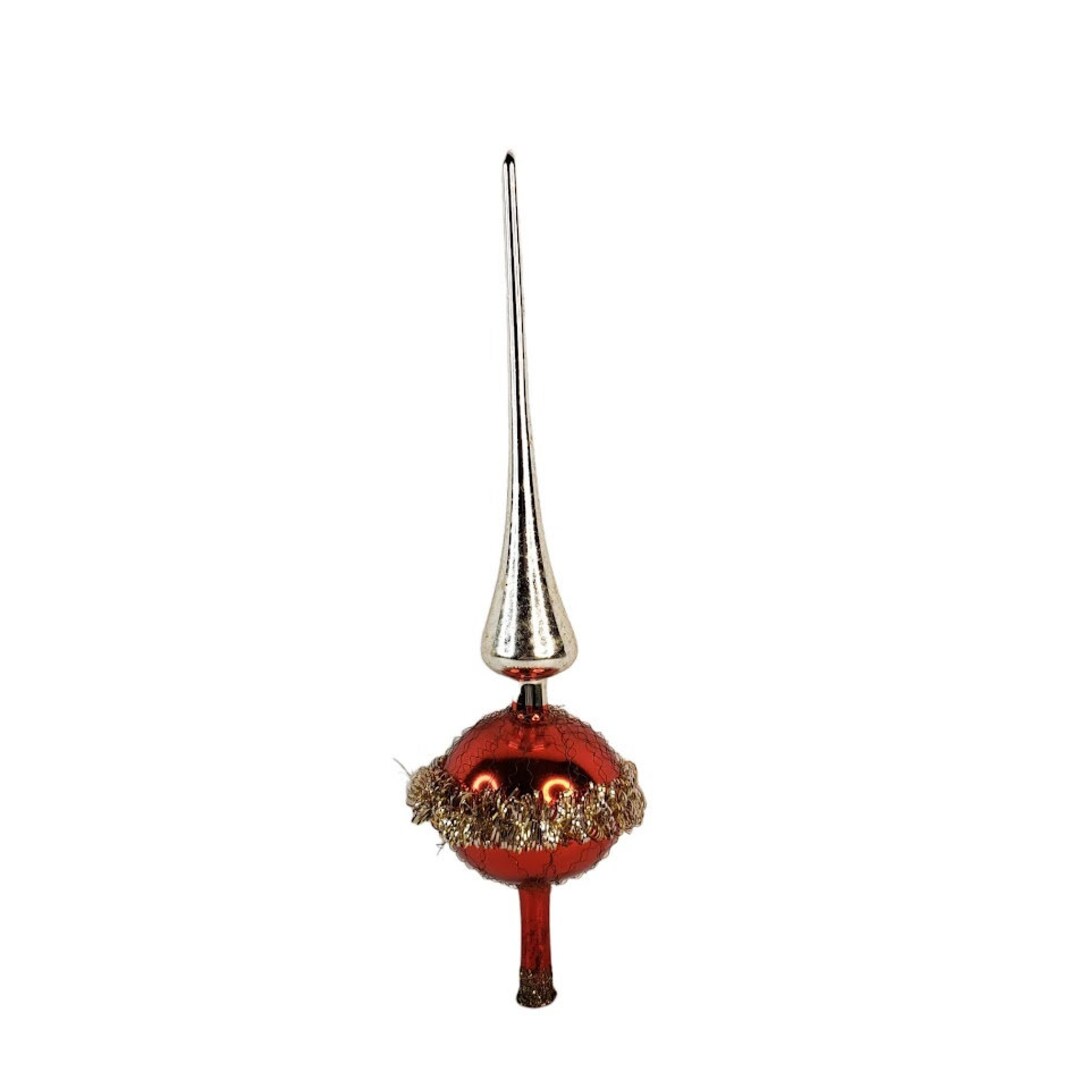Glass Spire Christmas Tree Topper Hand Blown Red and Silver With Gold