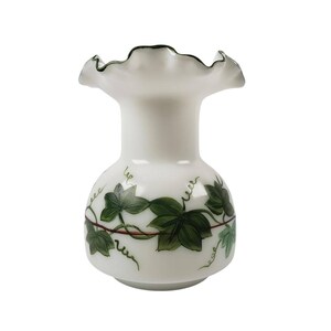 Vintage Fenton Milk Glass Vase Hand Painted Ivy Crimpled Ruffle Edge 6&quot; Tall