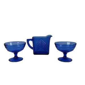 Vintage Hazel Atlas Moderntone Cobalt Blue Glass Pitcher and Sherbet Bowls