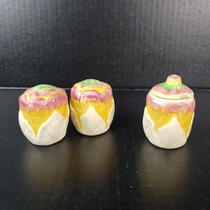 Vintage Cruet Set Salt Pepper Mustard Pot and Lid Flower Shapes Ceramic 2 1/2&quot; Tall
