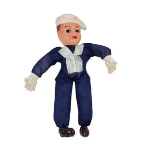 Muñeca marinera de la Marina de los Estados Unidos, cabeza de celuloide, cuerpo relleno de paja, pintado a mano, Vintage