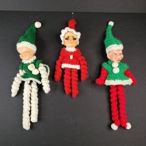 Vintage Curly Crochet Christmas Elf Pixie Family Grandma Grandpa Child Vinyl Heads Handmade Classic Christmas Colors
