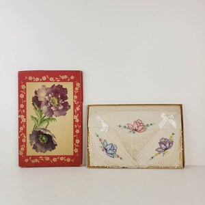 ヴィンテージ レディース リネン フローラル デザイン ハンカチ ボックスセット 刺繍とレース