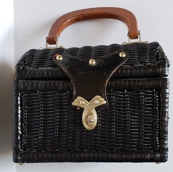 Vintage Garay Coated Wicker Purse Handbag Brass H… - image 2