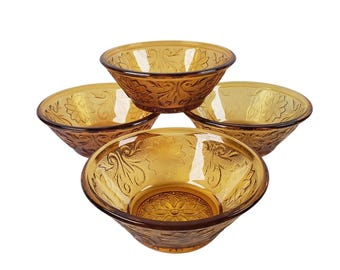 Tiara Indiana Glas Obstschale 4er Set Daisy Sandwich Vintage Ernte Gold Bernstein MCM 1970er Jahre