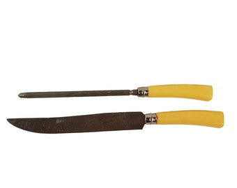 Vintage Bakelite Handle Stainless Steel Blade Knife and Sharpening Honing Rod