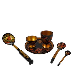 Khokhloma Bowls Plate Ladles Hand Painted Lacquerware Vintage Russian Folk Art